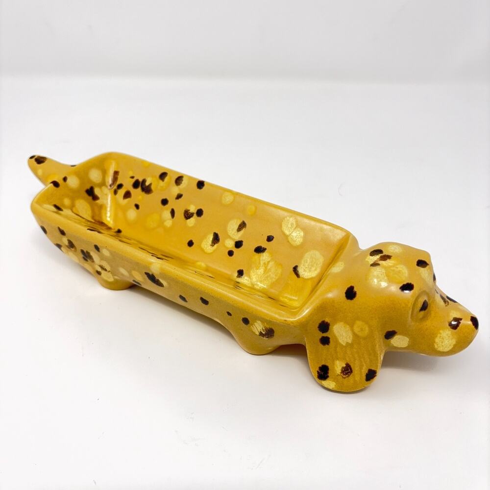 Vtg Dachshund Wiener Dog Serving Cracker Candy Dish Ceramic Bar Sponge Speckled - Picture 10 of 10